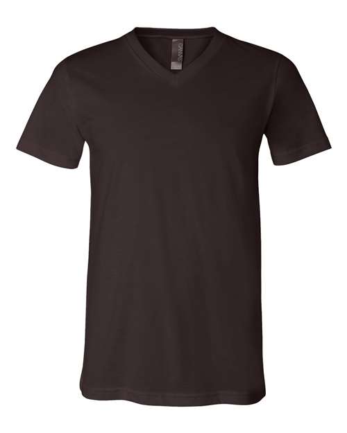 The BELLA + CANVAS 3005 is a unisex black V-neck short-sleeve t-shirt, made from soft Airlume combed cotton, displayed against a white background.