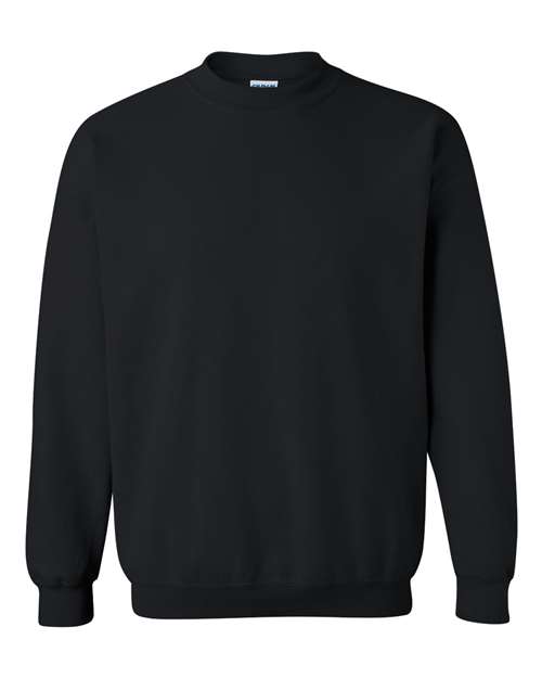 The Gildan 18000 is a plain black Heavy Blend crewneck sweatshirt with long sleeves, ribbed cuffs and hem, made from OEKO-TEX certified materials, shown against a white background.