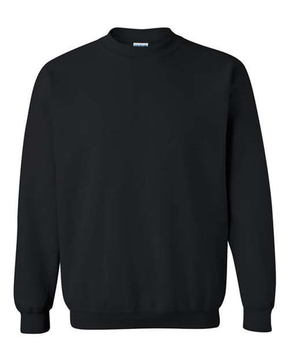 The Gildan 18000 is a plain black Heavy Blend crewneck sweatshirt with long sleeves, ribbed cuffs and hem, made from OEKO-TEX certified materials, shown against a white background.