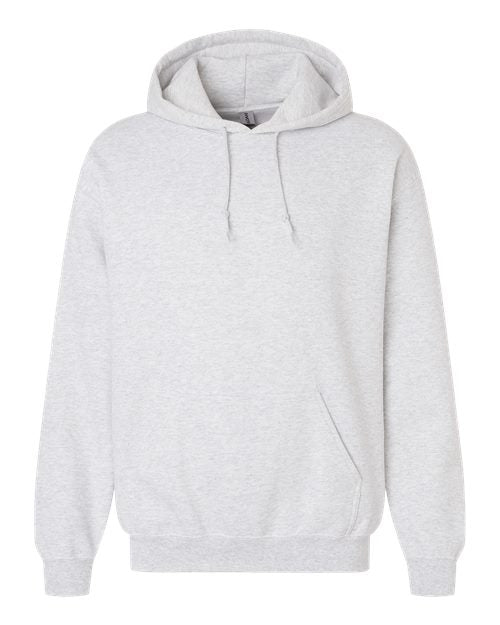 The Gildan 18500 is a plain light gray Heavy Blend hoodie with a front pocket and hood drawstrings, made using sustainable manufacturing practices and shown against a white background.