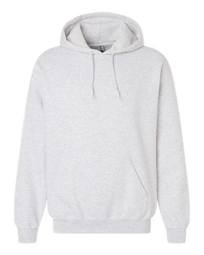 The Gildan 18500 is a plain light gray Heavy Blend hoodie with a front pocket and hood drawstrings, made using sustainable manufacturing practices and shown against a white background.