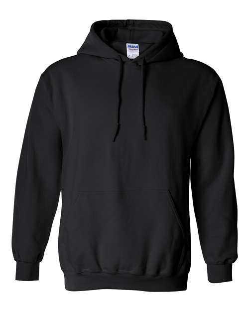 The Gildan 18500 Heavy Blend hoodie, shown in plain black with a front pocket and drawstrings against a white background, is crafted using sustainable manufacturing for comfort you can feel good about.