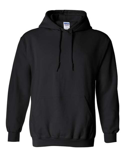 The Gildan 18500 Heavy Blend hoodie, shown in plain black with a front pocket and drawstrings against a white background, is crafted using sustainable manufacturing for comfort you can feel good about.