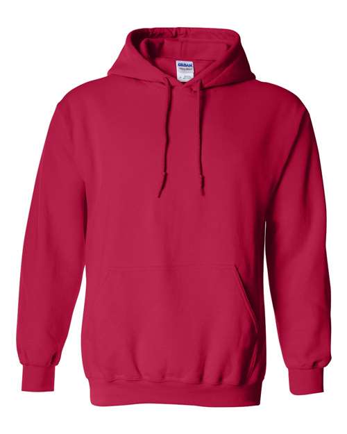 The Gildan 18500 Heavy Blend red hoodie features a front pocket and drawstrings, shown on a white background. Made sustainably for comfort you’ll love.