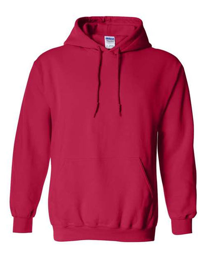 The Gildan 18500 Heavy Blend red hoodie features a front pocket and drawstrings, shown on a white background. Made sustainably for comfort you’ll love.