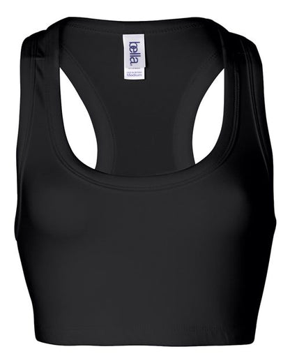 The BELLA + CANVAS 970 is a black nylon spandex racerback sports bra with a scoop neckline, white inner brand label, and smooth stretchy fabric—ideal for sustainable activewear fans.