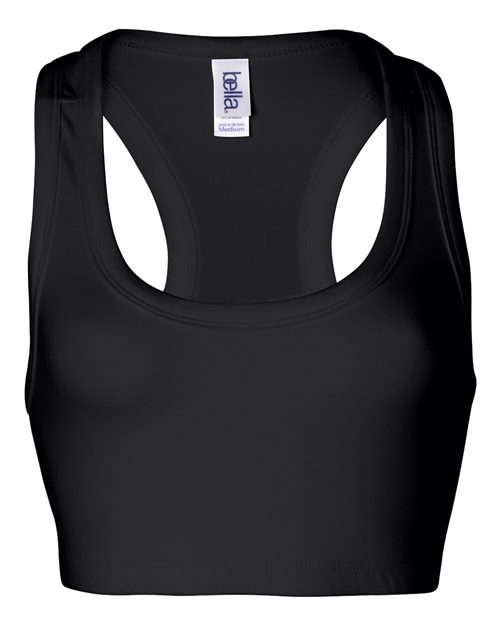 The BELLA + CANVAS 970 is a black nylon spandex racerback sports bra with a scoop neckline, white inner brand label, and smooth stretchy fabric—ideal for sustainable activewear fans.
