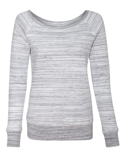 The BELLA + CANVAS 7501 is a light gray, long-sleeve sweater with subtle horizontal stripes and a wide neckline, made from soft Airlume combed and ring-spun cotton, shown against a plain white background.