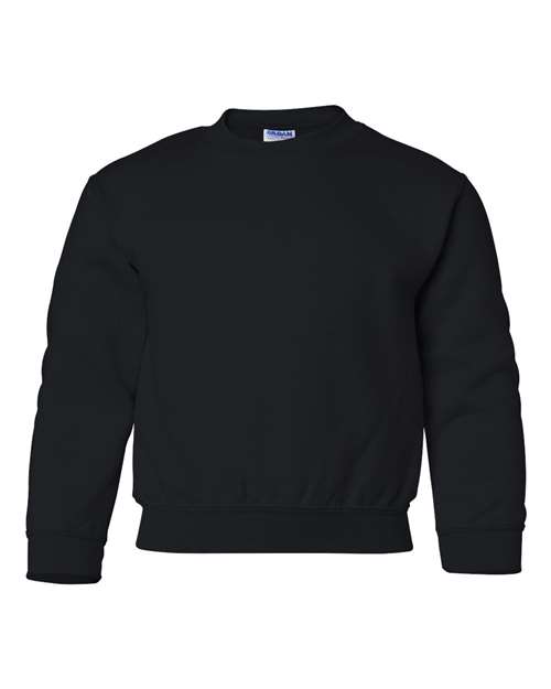 The Gildan 18000B is a plain black Heavy Blend crewneck sweatshirt featuring long sleeves, ribbed cuffs and waistband, displayed on a white background. Crafted with OEKO-TEX certified materials for peace of mind.