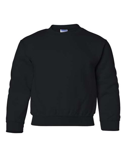 The Gildan 18000B is a plain black Heavy Blend crewneck sweatshirt featuring long sleeves, ribbed cuffs and waistband, displayed on a white background. Crafted with OEKO-TEX certified materials for peace of mind.