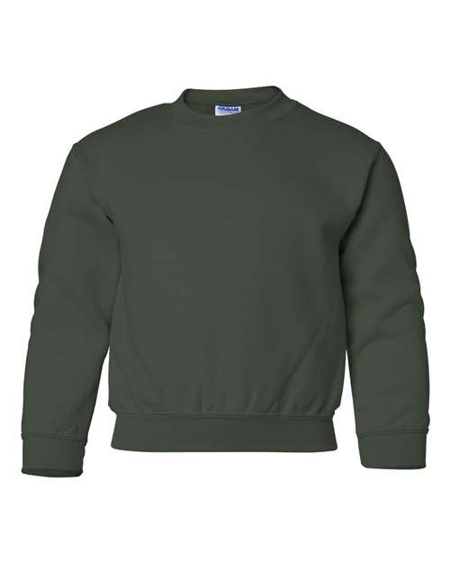 The Gildan 18000B is a plain dark green crewneck sweatshirt with long sleeves, ribbed cuffs and hem, made from Heavy Blend fabric and OEKO-TEX certified for safe, sustainable manufacturing, shown against a white background.