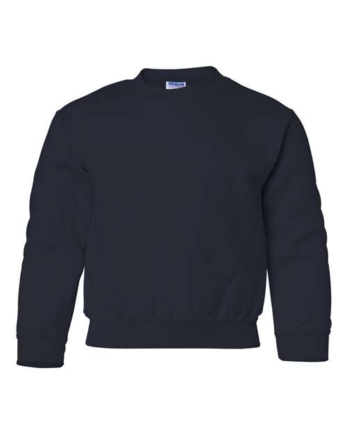 The Gildan 18000B is a plain, long-sleeved navy crewneck sweatshirt shown on a white background. Made with Heavy Blend fabric, it features ribbed cuffs and hem with no visible logos or designs on the front.