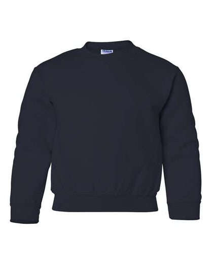 The Gildan 18000B is a plain, long-sleeved navy crewneck sweatshirt shown on a white background. Made with Heavy Blend fabric, it features ribbed cuffs and hem with no visible logos or designs on the front.