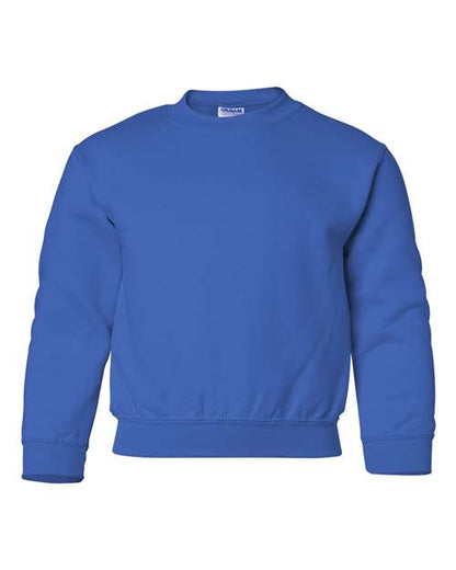 The Gildan 18000B is a solid royal blue, long-sleeve crewneck sweatshirt with ribbed cuffs, hem, and neckline. Made from Heavy Blend fabric and OEKO-TEX certified for safe, sustainable manufacturing. Displayed on a white background.