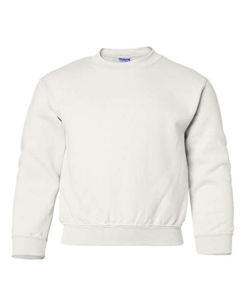 The Gildan 18000B is a plain white Heavy Blend crewneck sweatshirt featuring long sleeves, ribbed cuffs, and a ribbed waistband, shown against a white background.