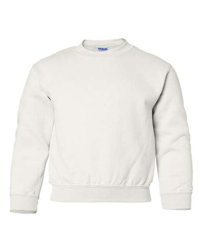 The Gildan 18000B is a plain white Heavy Blend crewneck sweatshirt featuring long sleeves, ribbed cuffs, and a ribbed waistband, shown against a white background.