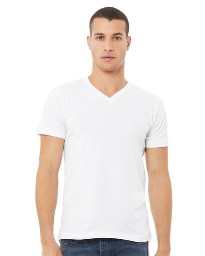 A person stands facing forward against a white background, wearing blue jeans and the BELLA + CANVAS 3005 unisex V-neck T-shirt, made from Airlume combed cotton.