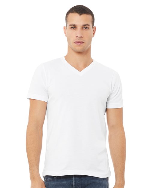 A person stands facing forward against a white background, wearing blue jeans and the BELLA + CANVAS 3005 unisex V-neck T-shirt, made from Airlume combed cotton.