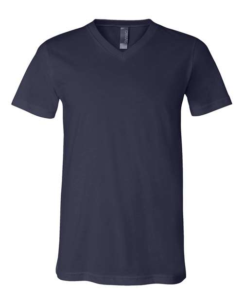 The BELLA + CANVAS 3005 is a unisex, navy blue V-neck T-shirt with short sleeves, made from soft Airlume combed cotton, shown on a white background.