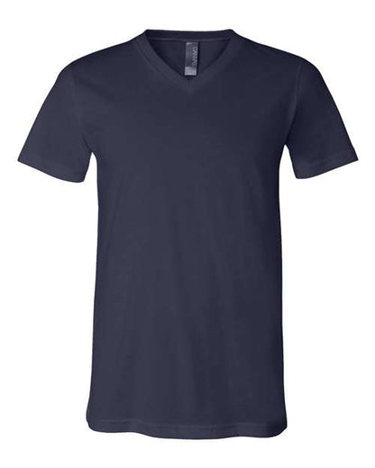 The BELLA + CANVAS 3005 is a unisex, navy blue V-neck T-shirt with short sleeves, made from soft Airlume combed cotton, shown on a white background.