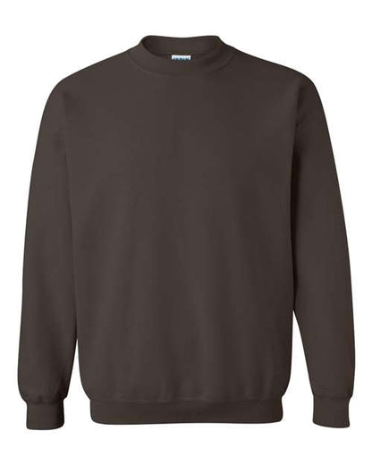 The Gildan 18000 is a plain, long-sleeve, dark brown Heavy Blend sweatshirt with ribbed cuffs and hem, shown on a white background. Made with sustainable manufacturing for an eco-friendly wardrobe.