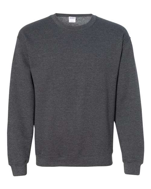 A Gildan 18000 long-sleeved sweatshirt in dark gray is displayed on a white background, made with OEKO-TEX certified materials for added assurance.