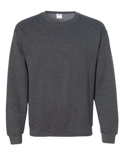 A Gildan 18000 long-sleeved sweatshirt in dark gray is displayed on a white background, made with OEKO-TEX certified materials for added assurance.