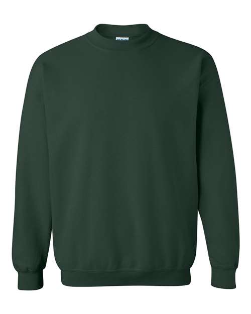 The Gildan 18000 is a plain dark green Heavy Blend sweatshirt with long sleeves, ribbed cuffs, hem, and collar, made with sustainable manufacturing practices and shown against a white background.