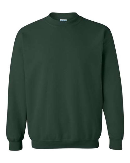The Gildan 18000 is a plain dark green Heavy Blend sweatshirt with long sleeves, ribbed cuffs, hem, and collar, made with sustainable manufacturing practices and shown against a white background.