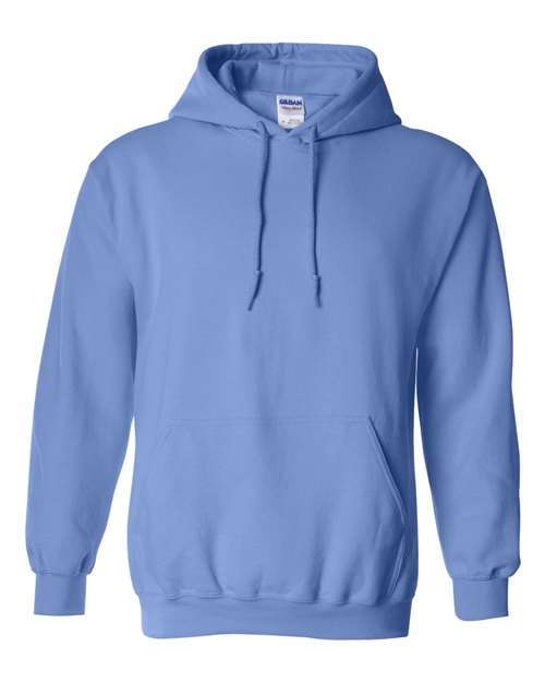 The Gildan 18500 Heavy Blend hoodie in plain light blue features a front pocket and adjustable drawstrings. Displayed on a white background, its sustainably made and OEKO-TEX certified for safe, responsible wear.