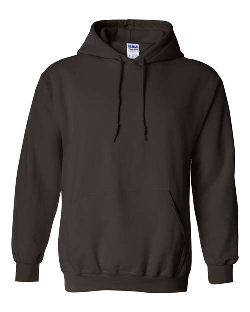 The Gildan 18500 is a plain, dark brown Heavy Blend hoodie with a front pocket and drawstrings, sustainably made and shown on a white background.