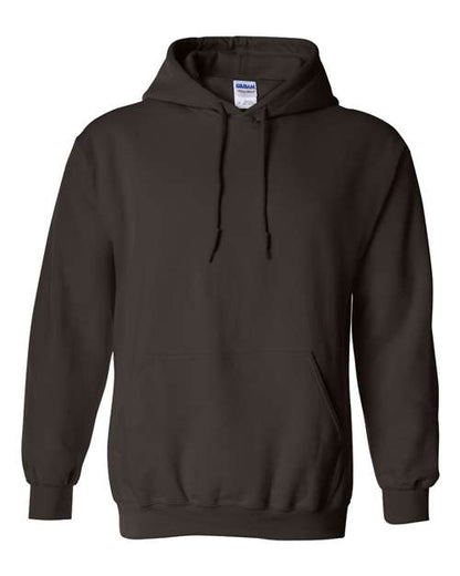 The Gildan 18500 is a plain, dark brown Heavy Blend hoodie with a front pocket and drawstrings, sustainably made and shown on a white background.