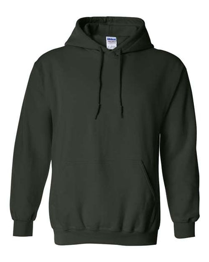 The Gildan 18500 is a plain dark green Heavy Blend hoodie with a front pocket, drawstring hood, and ribbed cuffs and hem, sustainably made and shown on a white background.