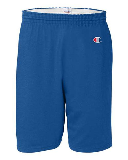Champion 8187 royal blue athletic shorts feature an elastic waistband and left thigh logo. Made from 100% cotton, they offer a simple design and lightweight comfort—ideal for daily wear.