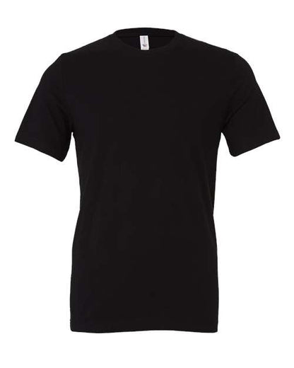 The BELLA + CANVAS 3001 is a unisex black t-shirt with short sleeves and a crew neck, made from Airlume combed and ring-spun cotton, shown on a white background.