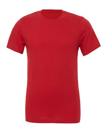 The BELLA + CANVAS 3001 is a plain red unisex short-sleeve t-shirt on a white background, crafted from soft Airlume combed and ring-spun cotton with a classic crew neckline and no visible logos, designs, or patterns.