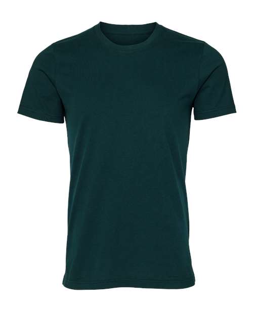 The BELLA + CANVAS 3001 is a plain dark green unisex t-shirt made from Airlume combed and ring-spun cotton, shown from the front on a white background with no visible logos, designs, or patterns.