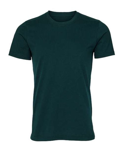 The BELLA + CANVAS 3001 is a plain dark green unisex t-shirt made from Airlume combed and ring-spun cotton, shown from the front on a white background with no visible logos, designs, or patterns.