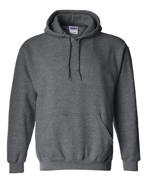 The Gildan 18500 Heavy Blend hoodie is plain, dark gray, features a front pocket and drawstrings, is sustainably made, and is shown against a white background.