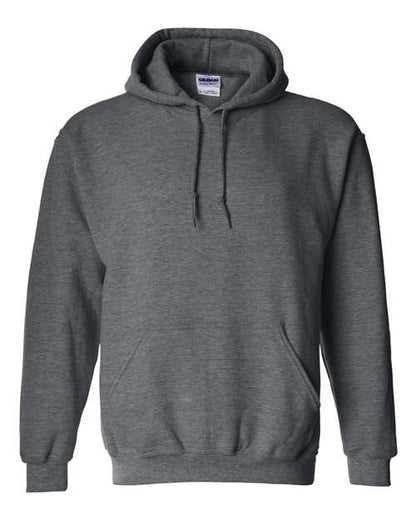 The Gildan 18500 Heavy Blend hoodie is plain, dark gray, features a front pocket and drawstrings, is sustainably made, and is shown against a white background.