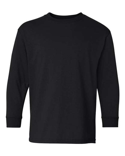 The Gildan 5400B is a plain black long-sleeve crewneck shirt made with soft cotton, displayed front-facing on a white background with no logos or designs visible.