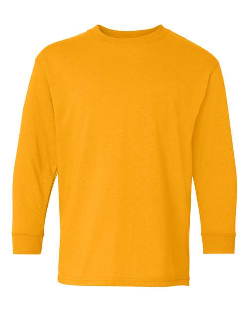 The Gildan 5400B long-sleeved crew neck t-shirt features a solid bright yellow color and is crafted with Heavy Cotton and soft cotton technology, shown on a white background.