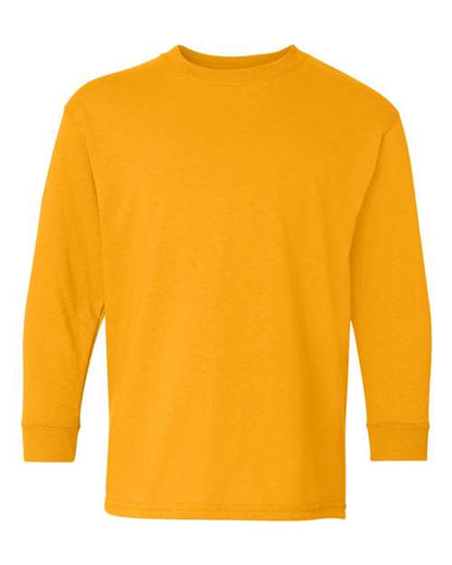 The Gildan 5400B long-sleeved crew neck t-shirt features a solid bright yellow color and is crafted with Heavy Cotton and soft cotton technology, shown on a white background.