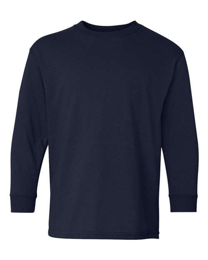 The Gildan 5400B is a plain, long-sleeve navy blue crew neck t-shirt made with soft cotton, shown on a white background. It features a simple, logo-free design for timeless versatility.