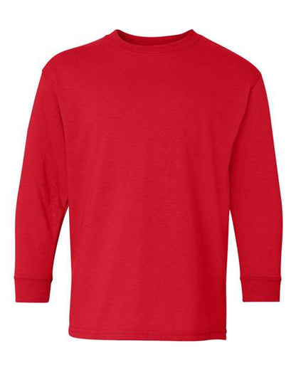 The Gildan 5400B is a solid red, plain long-sleeve crew neck t-shirt made from Heavy Cotton for durability and comfort. Displayed on a white background, it features no designs, logos, or patterns.