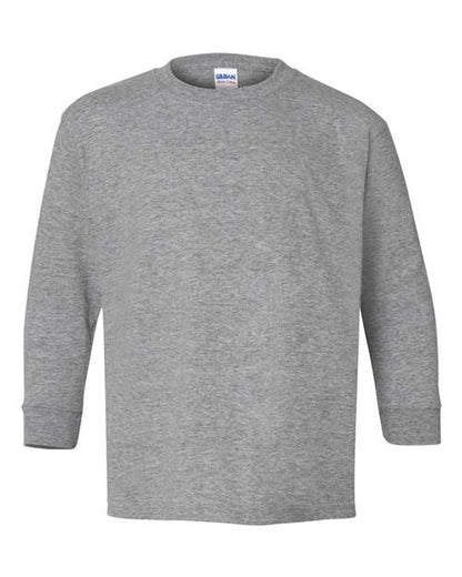 A Gildan 5400B long-sleeve gray T-shirt made with Heavy Cotton, ribbed cuffs, and a crew neckline is displayed on a white background.