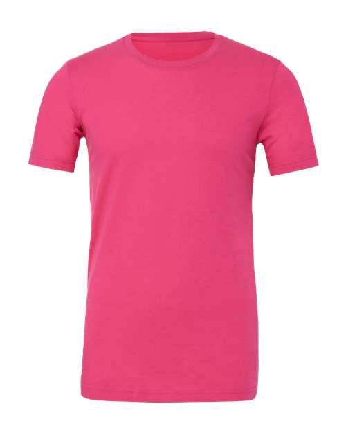 The BELLA + CANVAS 3001 is a unisex crew neck t-shirt in solid bright pink, made from soft Airlume combed and ring-spun cotton, shown on a white background.