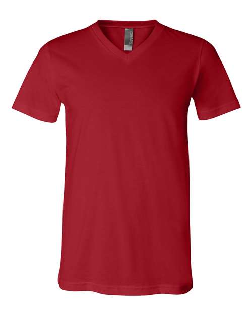 The BELLA + CANVAS 3005 unisex V-neck T-shirt in plain red, made from soft Airlume combed cotton, is shown on a white background.