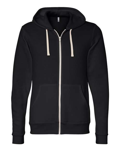The BELLA + CANVAS 3909 is a unisex black polyester fleece hoodie with a hood, front pockets, white drawstrings, and a white zipper, shown against a white background.