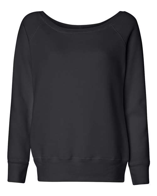 The BELLA + CANVAS 7501 is a plain black long-sleeve sweatshirt crafted from soft Airlume combed and ring-spun cotton, featuring a wide neckline with ribbed cuffs and hem, shown against a white background.